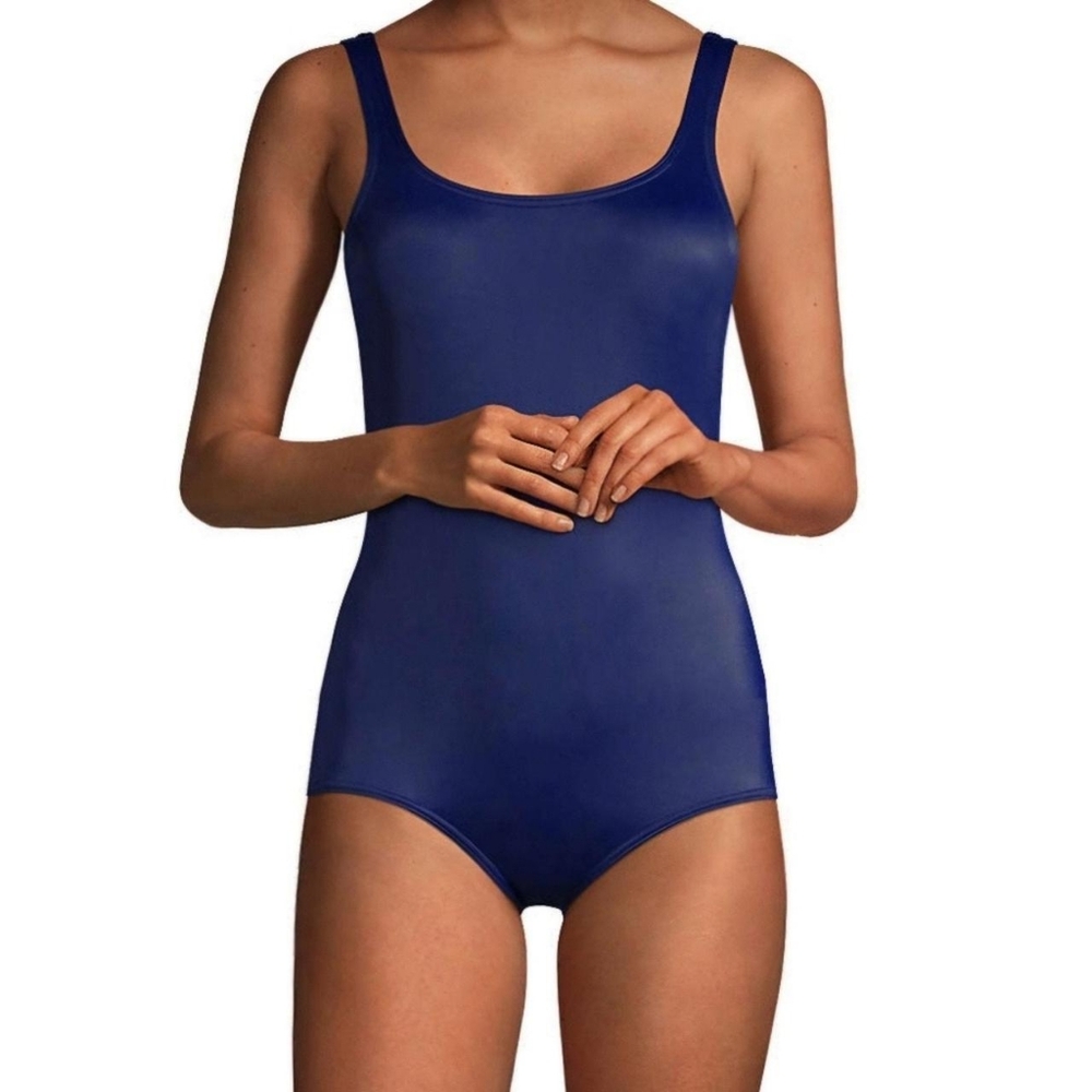 Lands' End Women's Blue Scoop Neckline Backless One-Piece Swimsuit